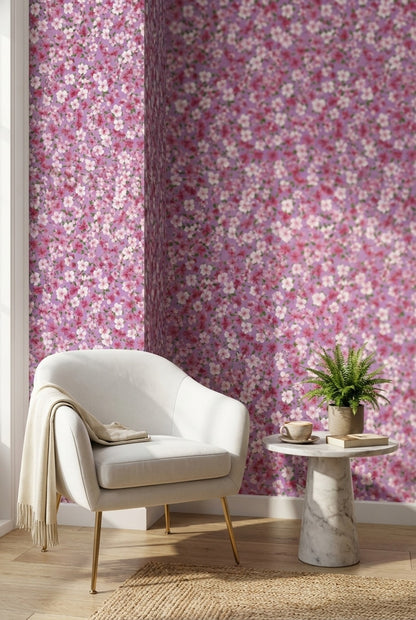 Pembe Sakura Çiçekli Duvar Kağıdı Mor Zeminli Vintage Desen