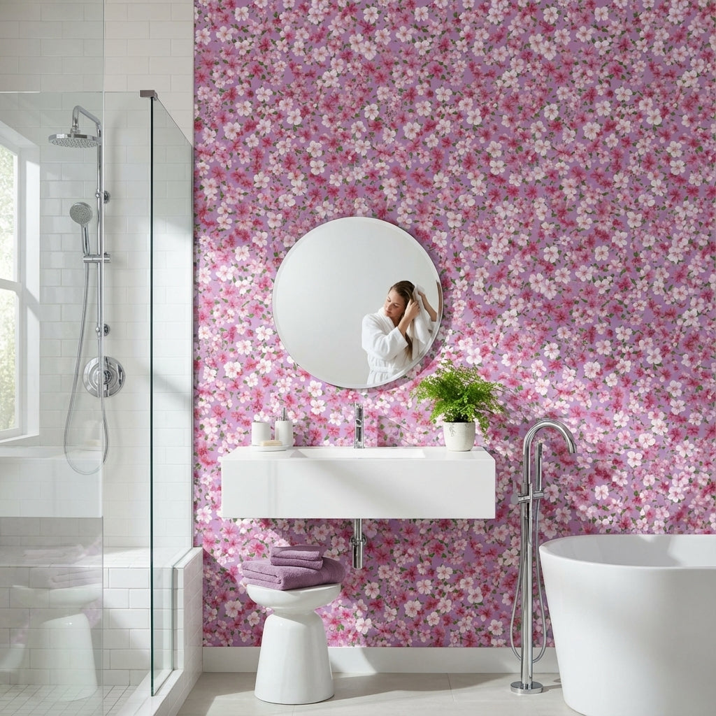 Pembe Sakura Çiçekli Duvar Kağıdı Mor Zeminli Vintage Desen