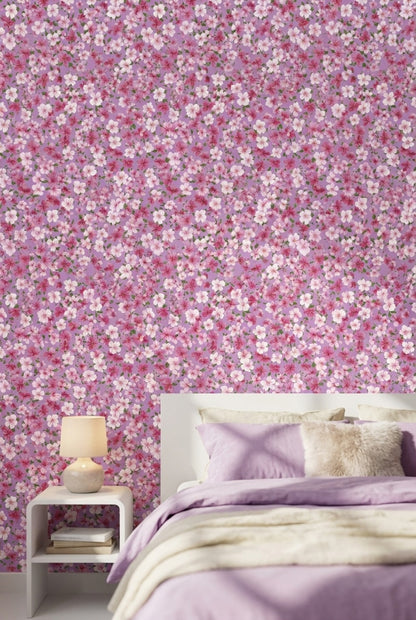 Pembe Sakura Çiçekli Duvar Kağıdı Mor Zeminli Vintage Desen