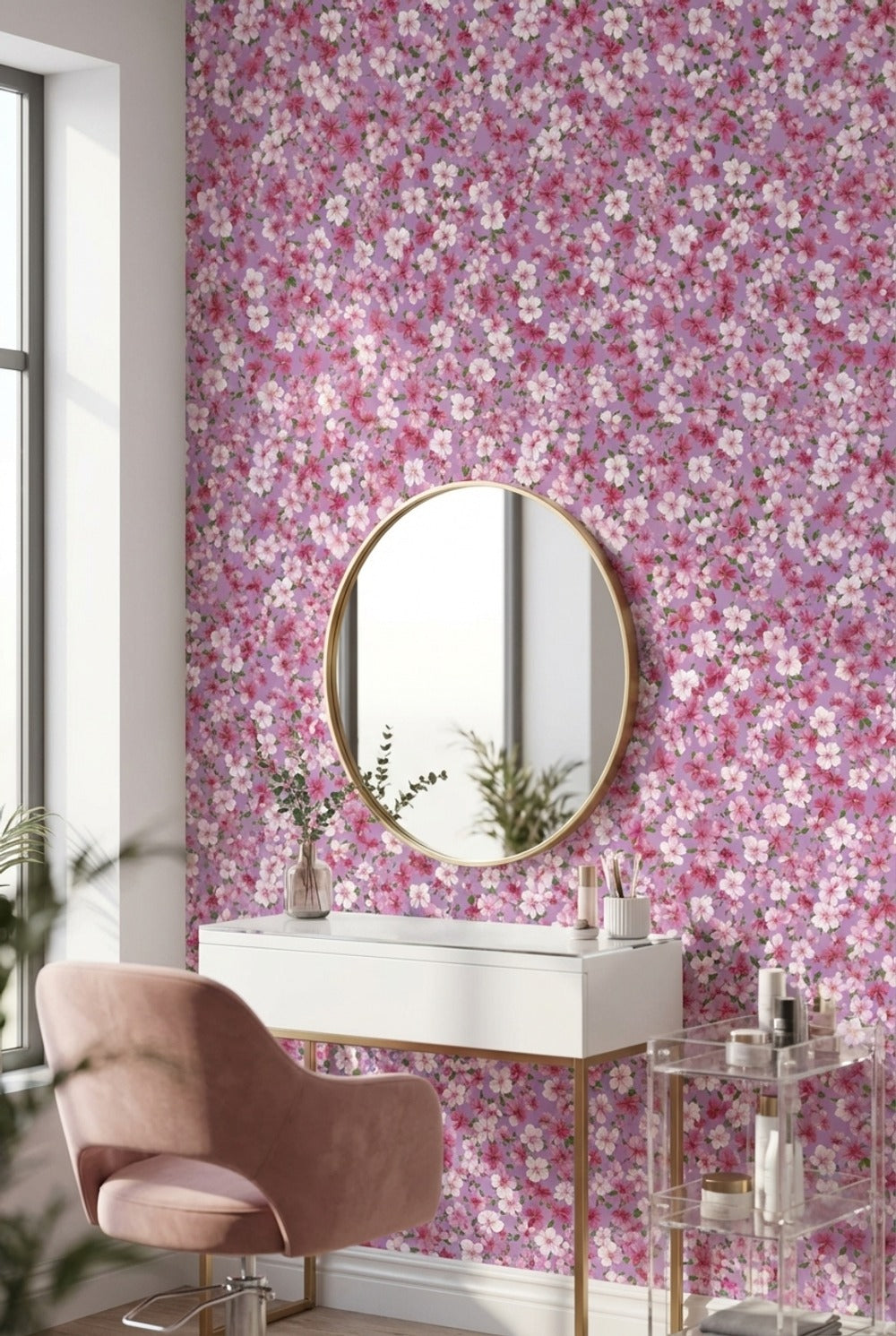 Pembe Sakura Çiçekli Duvar Kağıdı Mor Zeminli Vintage Desen