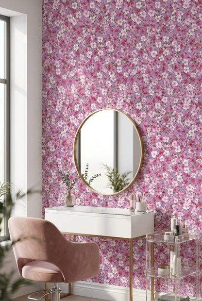 Pembe Sakura Çiçekli Duvar Kağıdı Mor Zeminli Vintage Desen