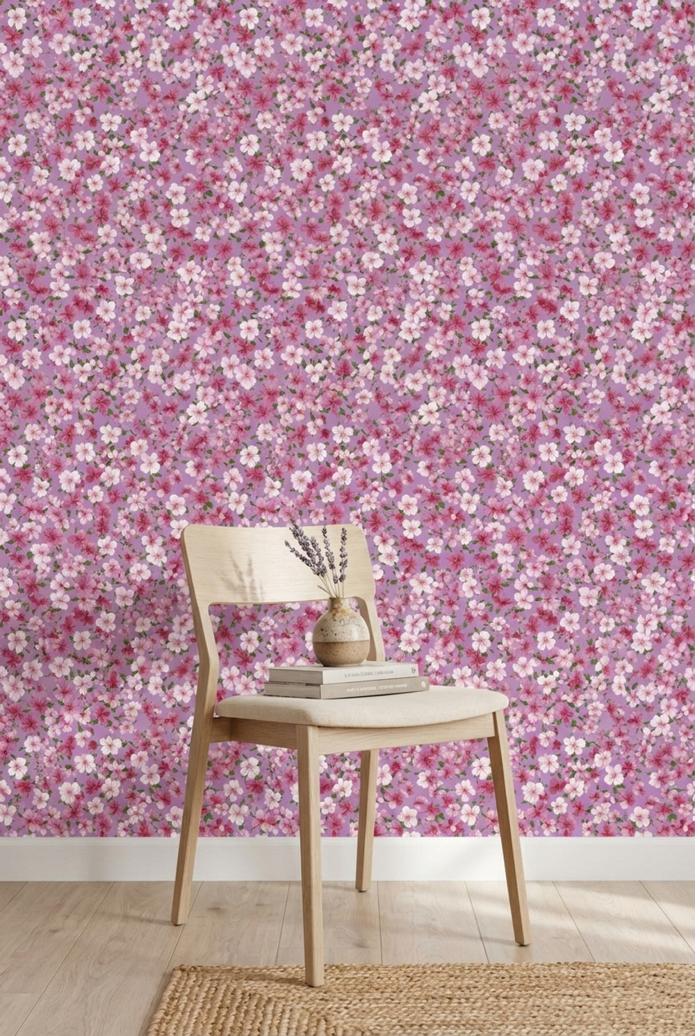 Pembe Sakura Çiçekli Duvar Kağıdı Mor Zeminli Vintage Desen