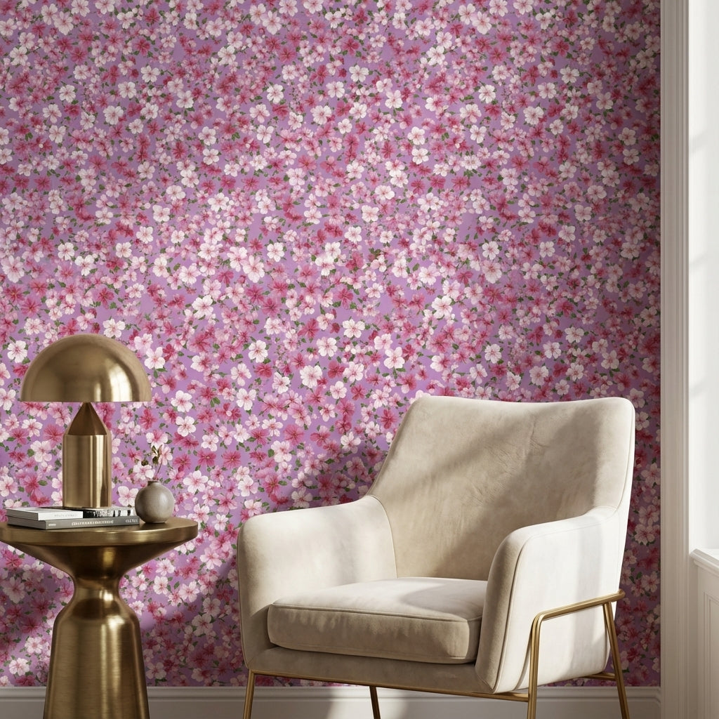 Pembe Sakura Çiçekli Duvar Kağıdı Mor Zeminli Vintage Desen