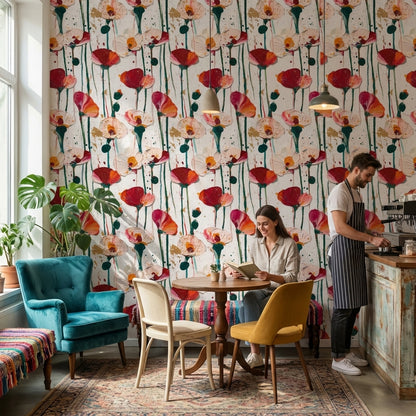 Sulu Boya Gelincik Desenli Duvar Kağıdı Krem Zemin
