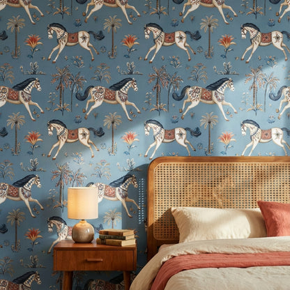Atlı Palmiye Desenli Duvar Kağıdı Mavi Vintage Stil