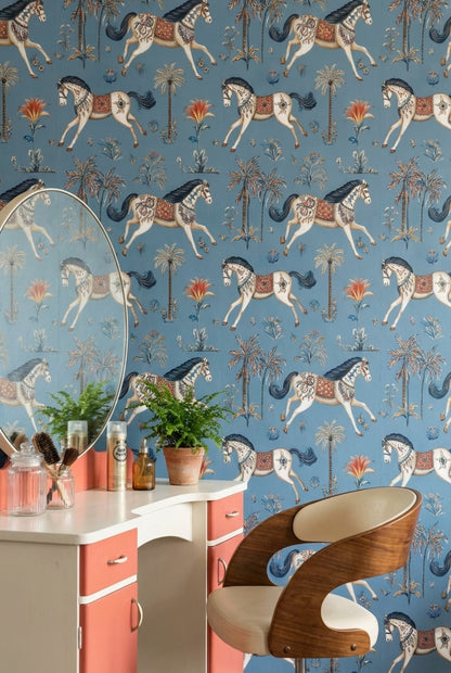 Atlı Palmiye Desenli Duvar Kağıdı Mavi Vintage Stil