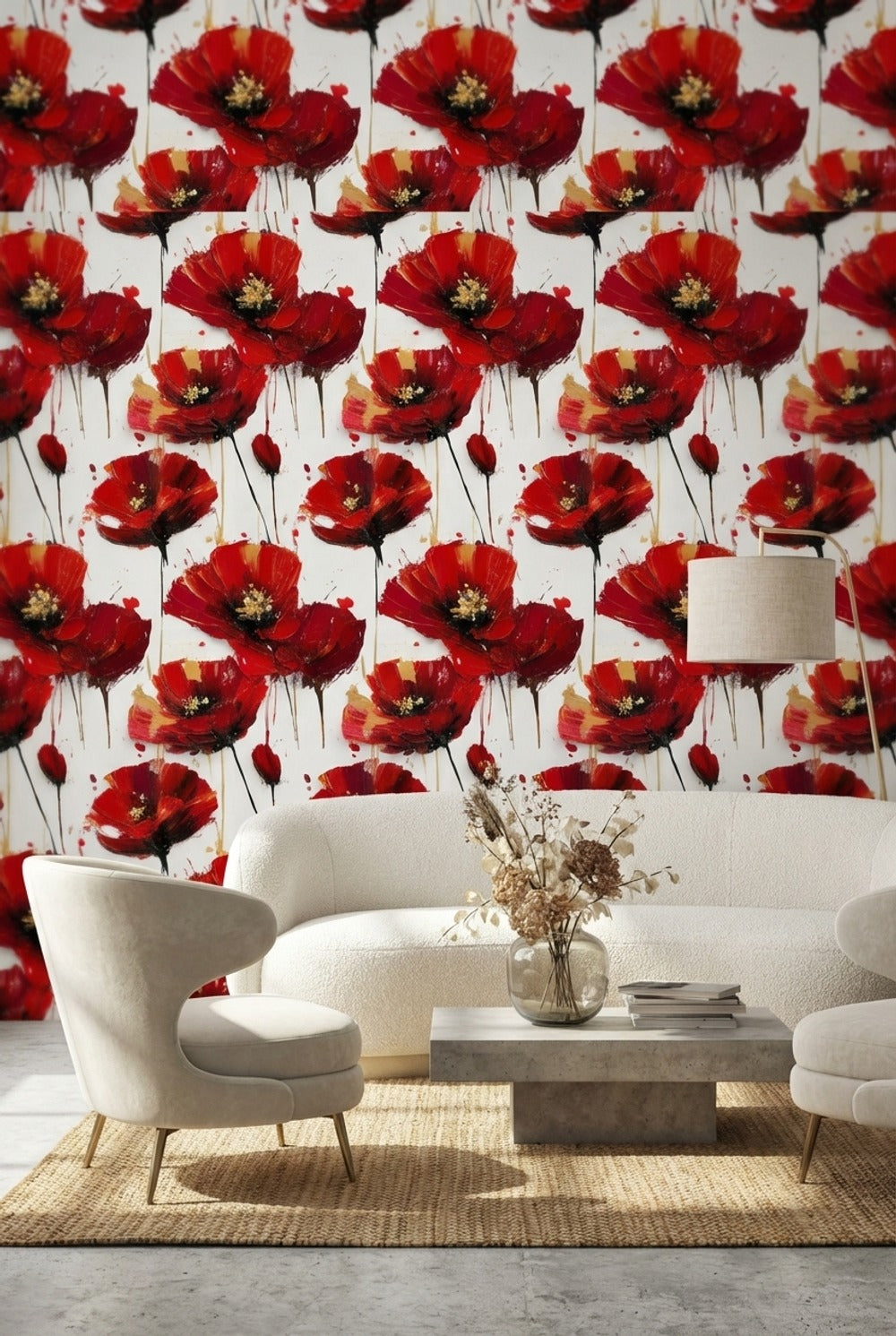 Kırmızı Gelincik Çiçekli Duvar Kağıdı Modern Salon Deseni