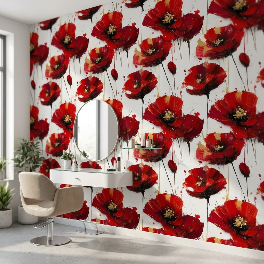 Kırmızı Gelincik Çiçekli Duvar Kağıdı Modern Salon Deseni