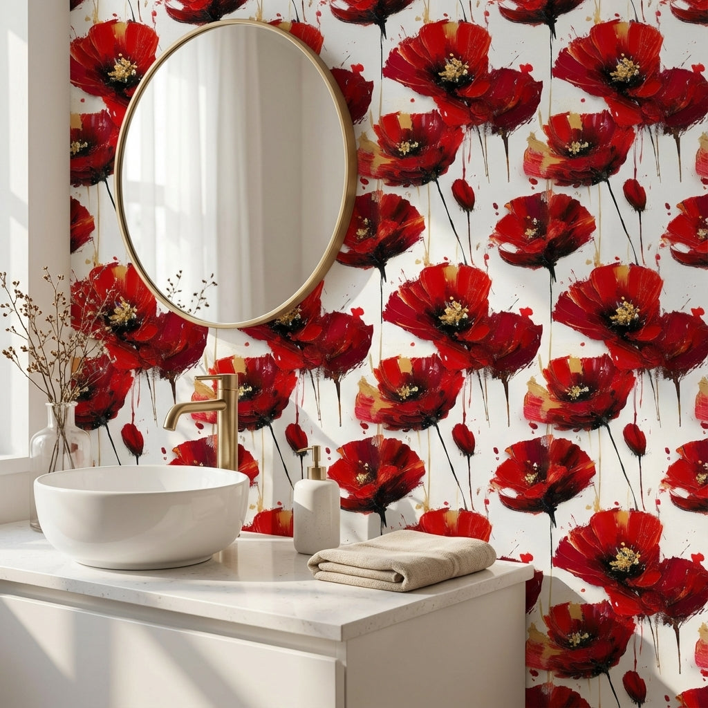 Kırmızı Gelincik Çiçekli Duvar Kağıdı Modern Salon Deseni