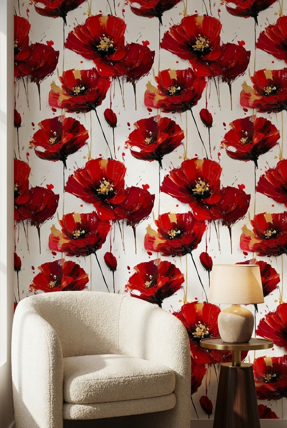 Kırmızı Gelincik Çiçekli Duvar Kağıdı Modern Salon Deseni