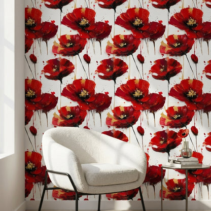 Kırmızı Gelincik Çiçekli Duvar Kağıdı Modern Salon Deseni