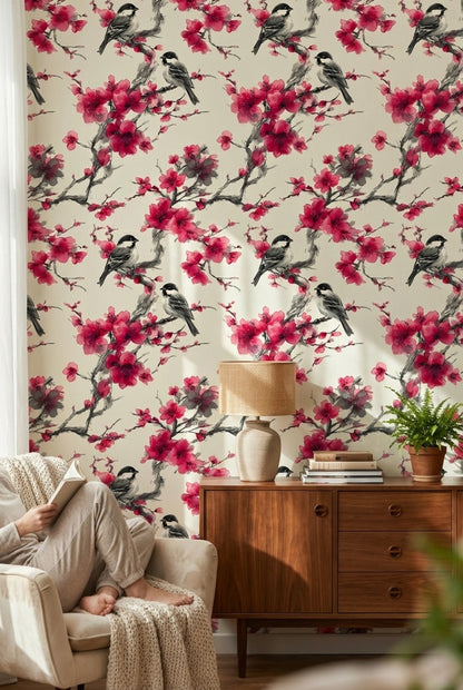 Kuşlu Kiraz Çiçeği Duvar Kağıdı Krem Pembe Desenli