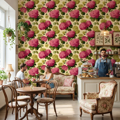 Ortanca Çiçekli Duvar Kağıdı Pembe Yeşil Vintage Desenli