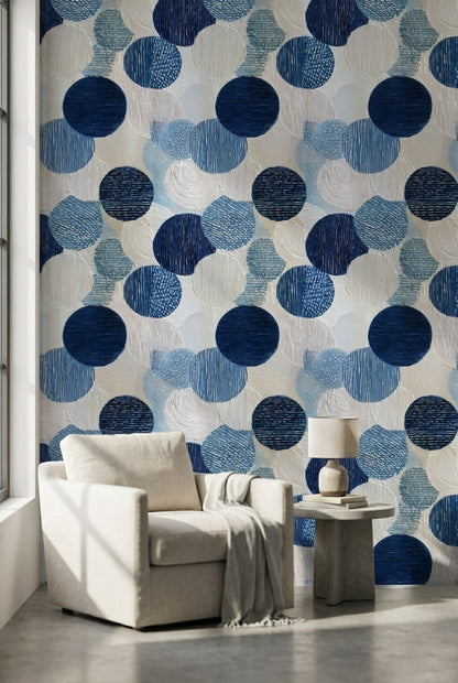 Mavi Daireli Geometrik Duvar Kağıdı Modern Salon Deseni