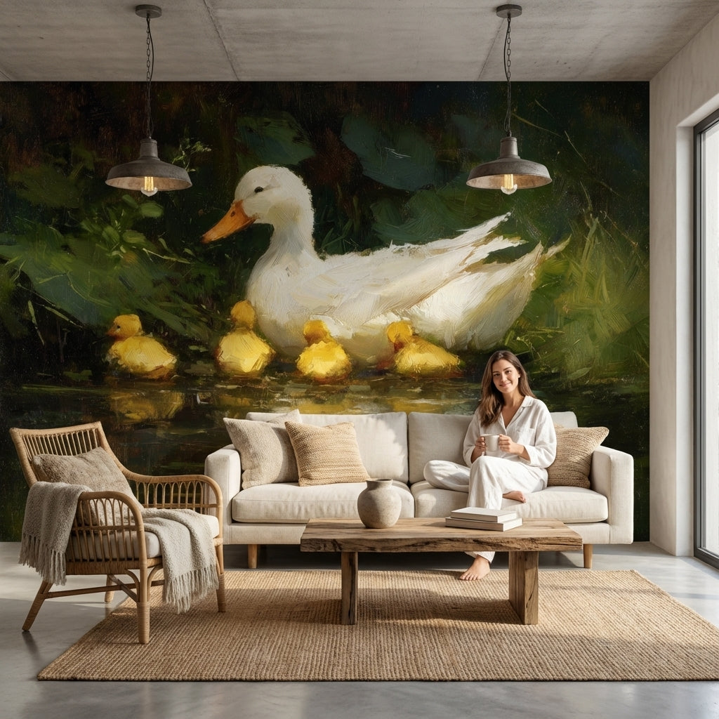 Anne Ördek ve Yavruları Poster Duvar Kağıdı Yeşil Doğa