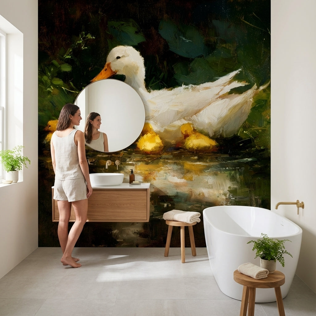 Anne Ördek ve Yavruları Poster Duvar Kağıdı Yeşil Doğa