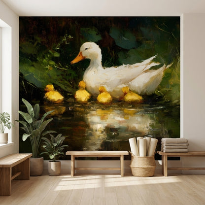 Anne Ördek ve Yavruları Poster Duvar Kağıdı Yeşil Doğa