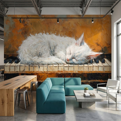 Uyuyan Kedi Poster Duvar Kağıdı Turuncu Fon Salon