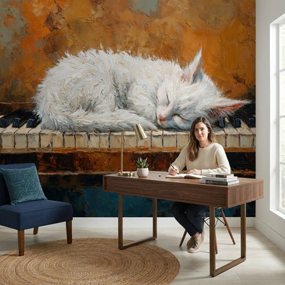 Uyuyan Kedi Poster Duvar Kağıdı Turuncu Fon Salon