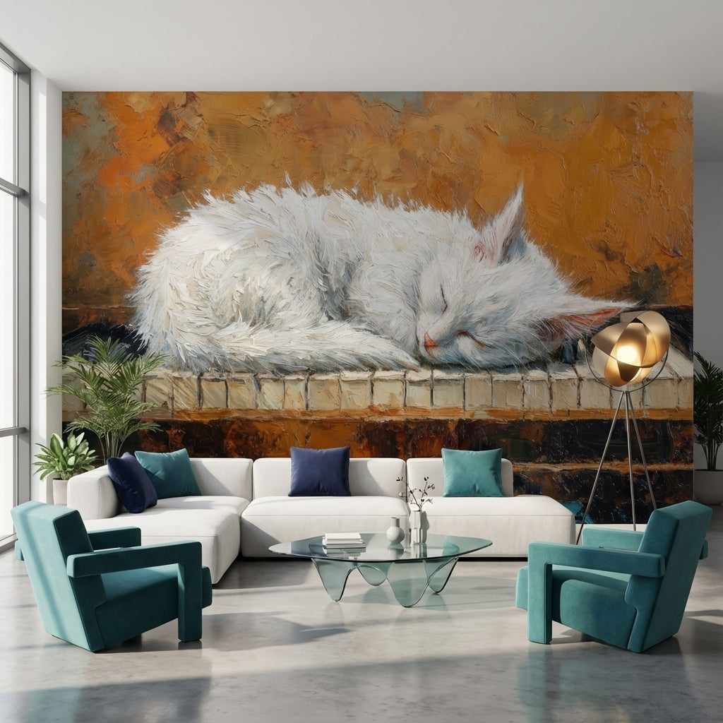 Uyuyan Kedi Poster Duvar Kağıdı Turuncu Fon Salon