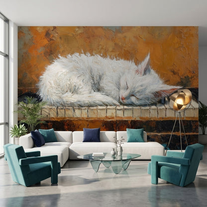 Uyuyan Kedi Poster Duvar Kağıdı Turuncu Fon Salon
