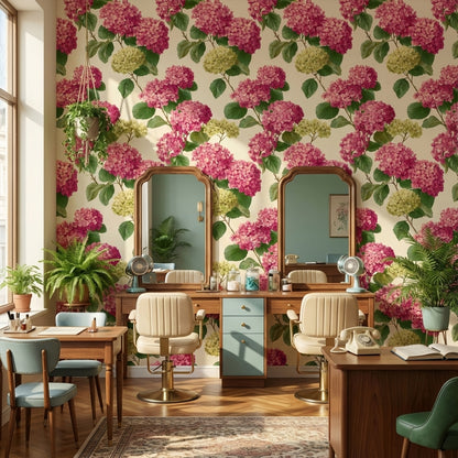 Ortanca Çiçekli Duvar Kağıdı Pembe Yeşil Salon Deseni