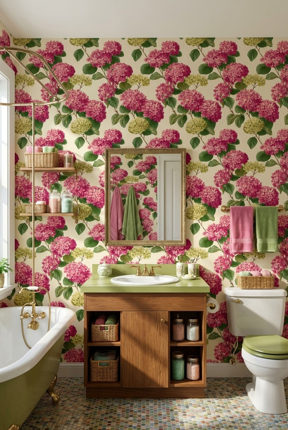 Ortanca Çiçekli Duvar Kağıdı Pembe Yeşil Salon Deseni