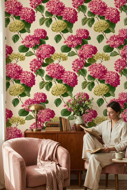 Ortanca Çiçekli Duvar Kağıdı Pembe Yeşil Salon Deseni