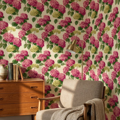 Ortanca Çiçekli Duvar Kağıdı Pembe Yeşil Salon Deseni