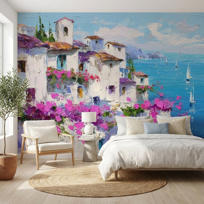 Akdeniz Kıyı Köyü Poster Duvar Kağıdı Mavi Deniz Manzaralı