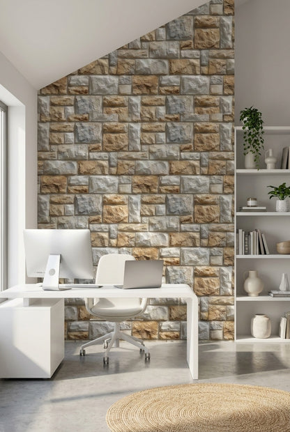 Taş Görünümlü Duvar Kağıdı Gri Bej Modern Salon