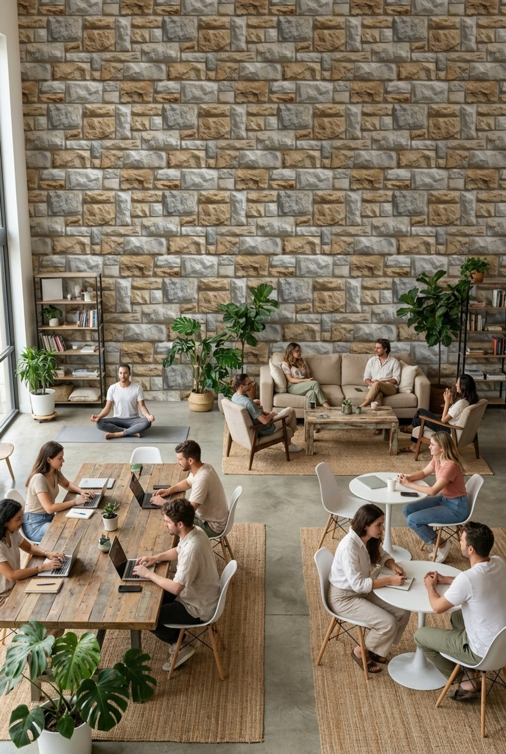 Taş Görünümlü Duvar Kağıdı Gri Bej Modern Salon