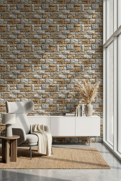 Taş Görünümlü Duvar Kağıdı Gri Bej Modern Salon