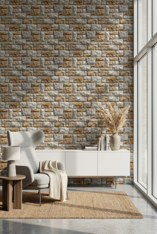 Taş Görünümlü Duvar Kağıdı Gri Bej Modern Salon