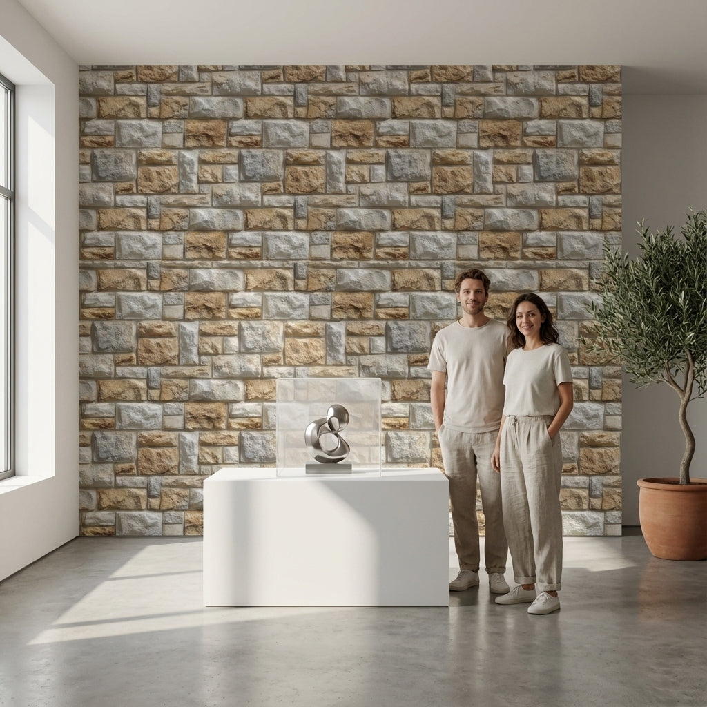 Taş Görünümlü Duvar Kağıdı Gri Bej Modern Salon