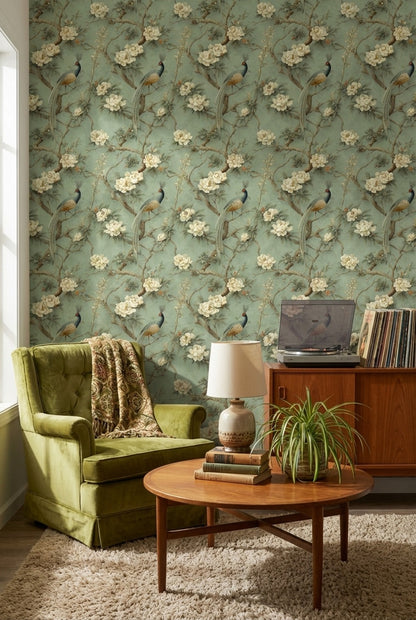 Çiçekli Kuş Desenli Duvar Kağıdı Yeşil Vintage Salon