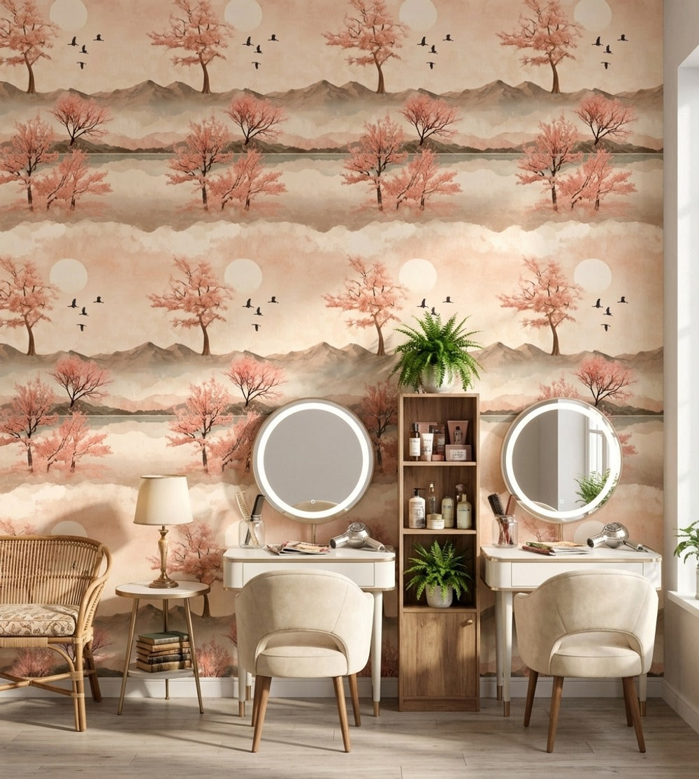 Pembe Ağaçlı Manzara Duvar Kağıdı Bej Tonlu Salon