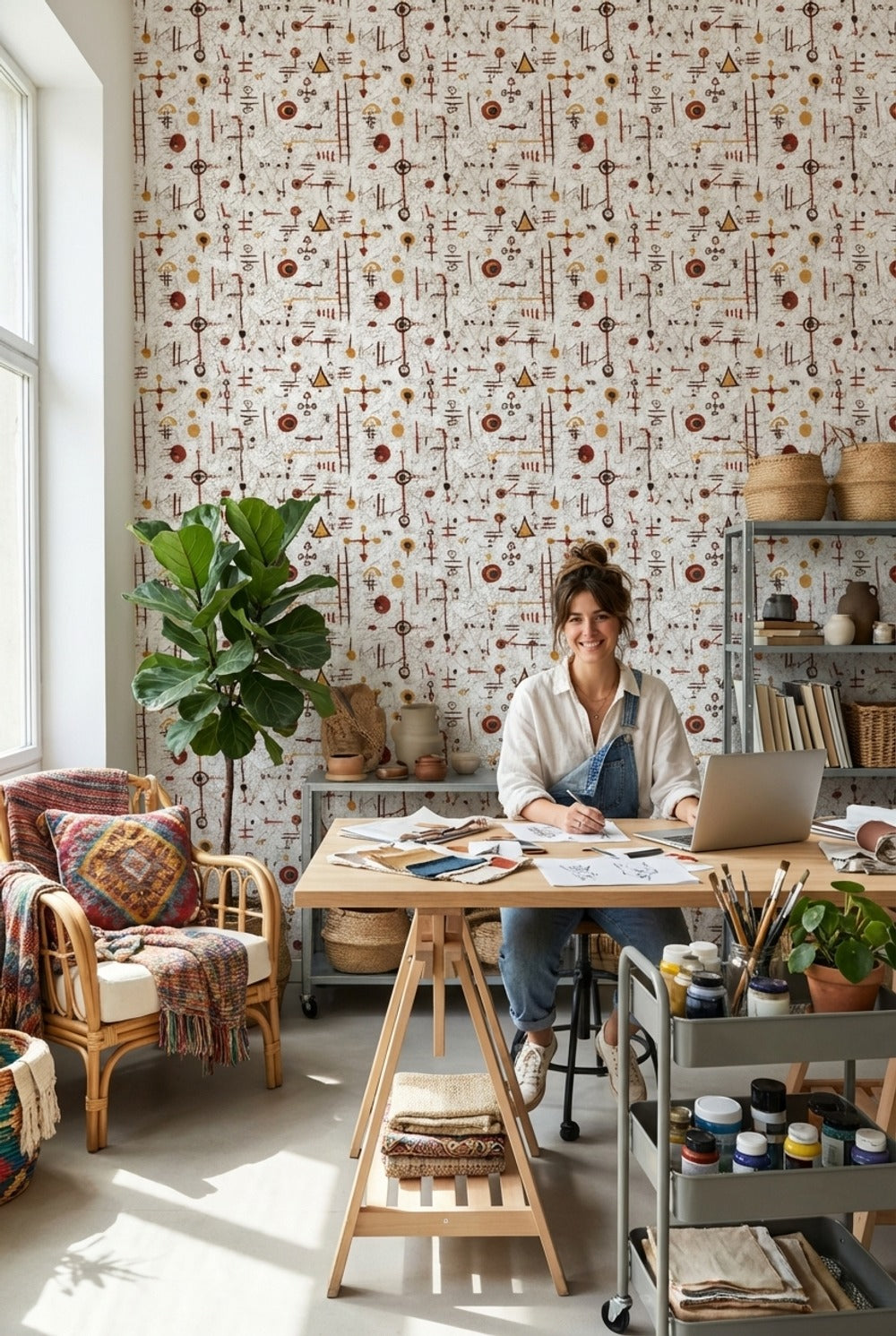 Geometrik Sembollü Duvar Kağıdı Bej Turuncu Modern Desen