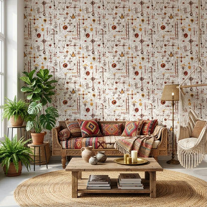 Geometrik Sembollü Duvar Kağıdı Bej Turuncu Modern Desen