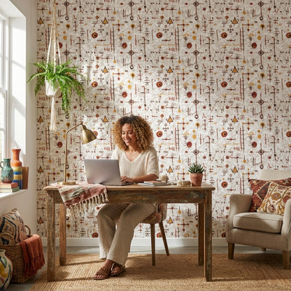 Geometrik Sembollü Duvar Kağıdı Bej Turuncu Modern Desen