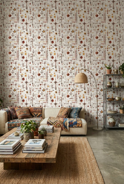 Geometrik Sembollü Duvar Kağıdı Bej Turuncu Modern Desen