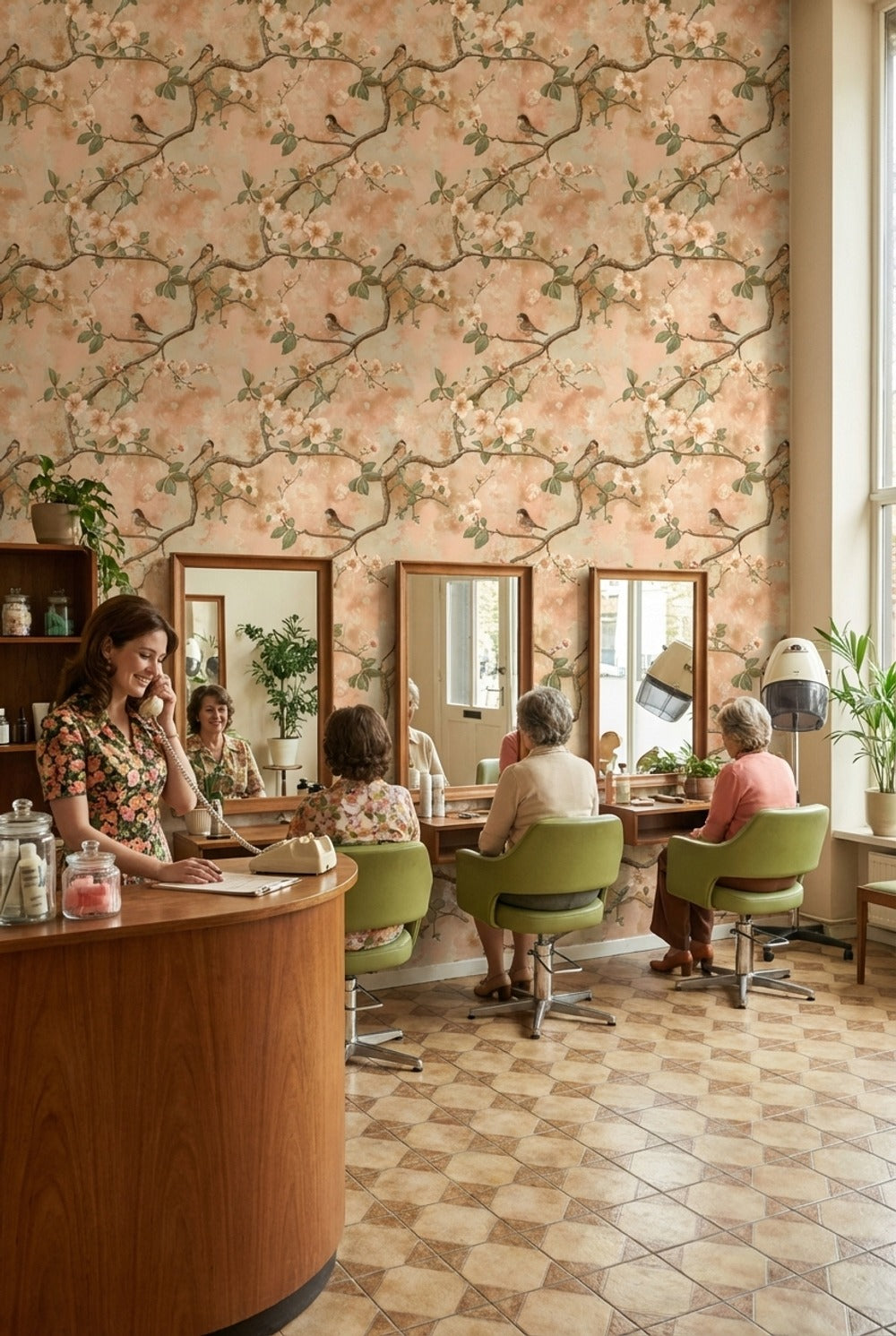 Kuşlu Çiçekli Dal Desenli Duvar Kağıdı Pudra Salon