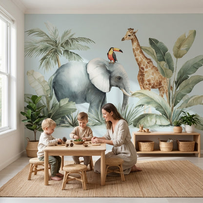 Safari Hayvanlı Poster Duvar Kağıdı Pastel Yeşil Çocuk Odası