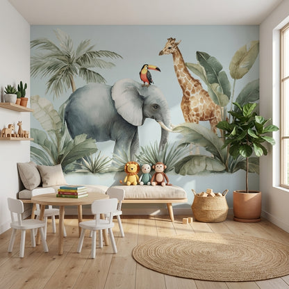 Safari Hayvanlı Poster Duvar Kağıdı Pastel Yeşil Çocuk Odası