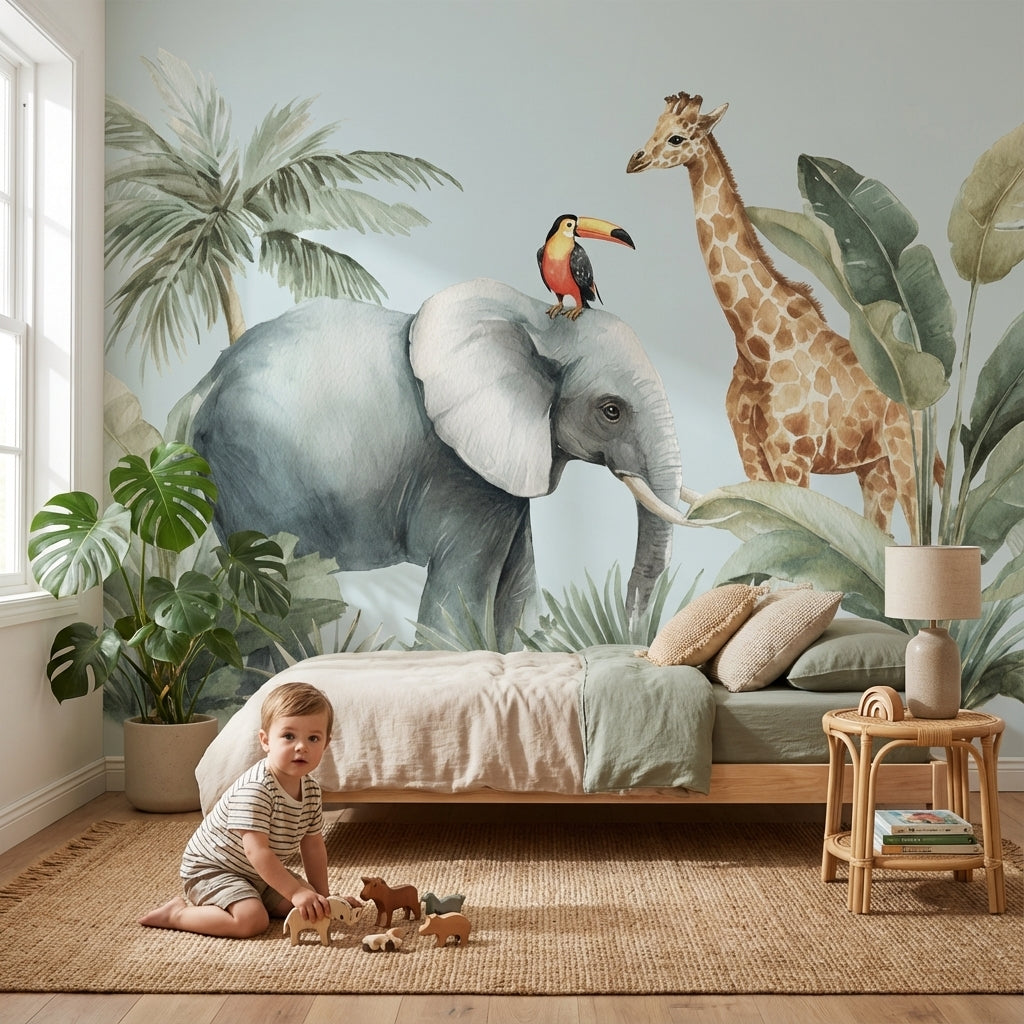 Safari Hayvanlı Poster Duvar Kağıdı Pastel Yeşil Çocuk Odası