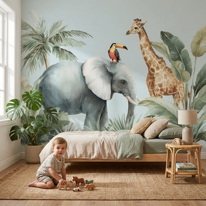 Safari Hayvanlı Poster Duvar Kağıdı Pastel Yeşil Çocuk Odası