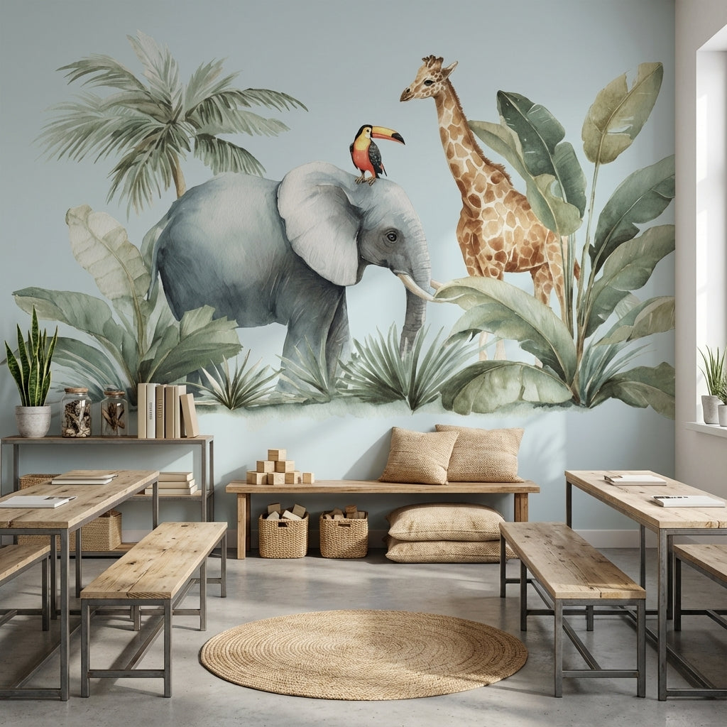 Safari Hayvanlı Poster Duvar Kağıdı Pastel Yeşil Çocuk Odası