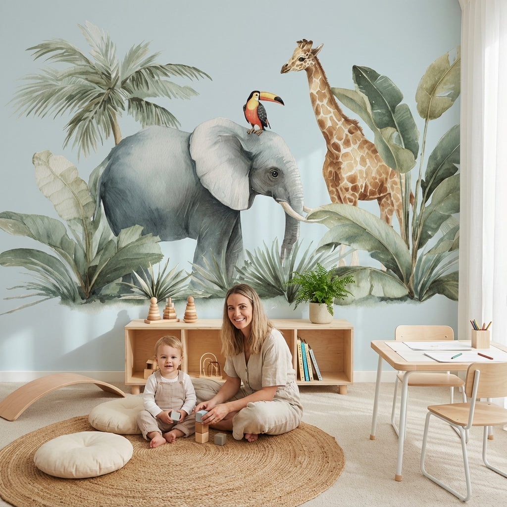 Safari Hayvanlı Poster Duvar Kağıdı Pastel Yeşil Çocuk Odası