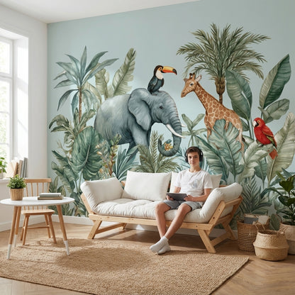 Safari Hayvanlı Poster Duvar Kağıdı Yeşil Çocuk Odası