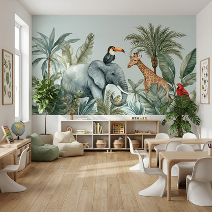 Safari Hayvanlı Poster Duvar Kağıdı Yeşil Çocuk Odası